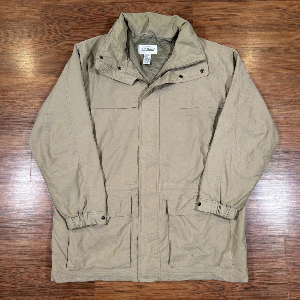 Vintage LL Bean Mens Beige Hooded Field Jacket Winter Coat Khaki Parka OHK85 XL